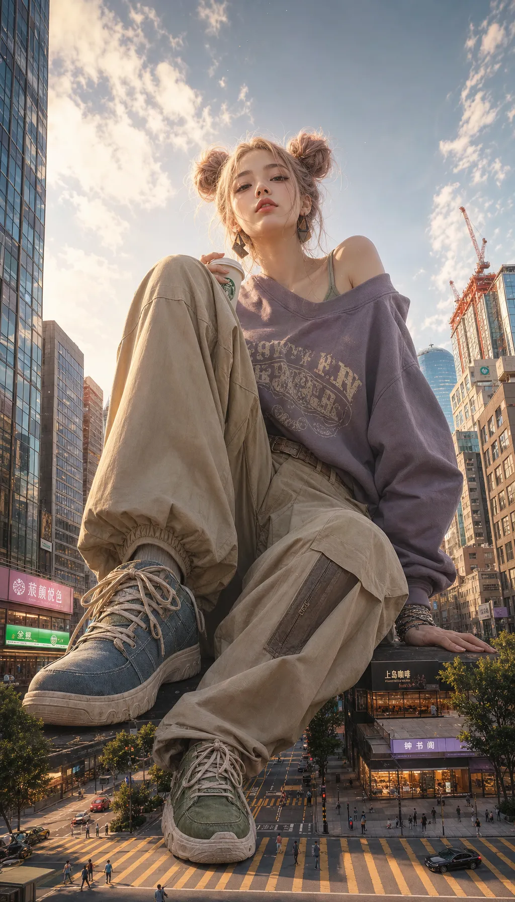 AI生成:巨人女大学生坐在城市马路