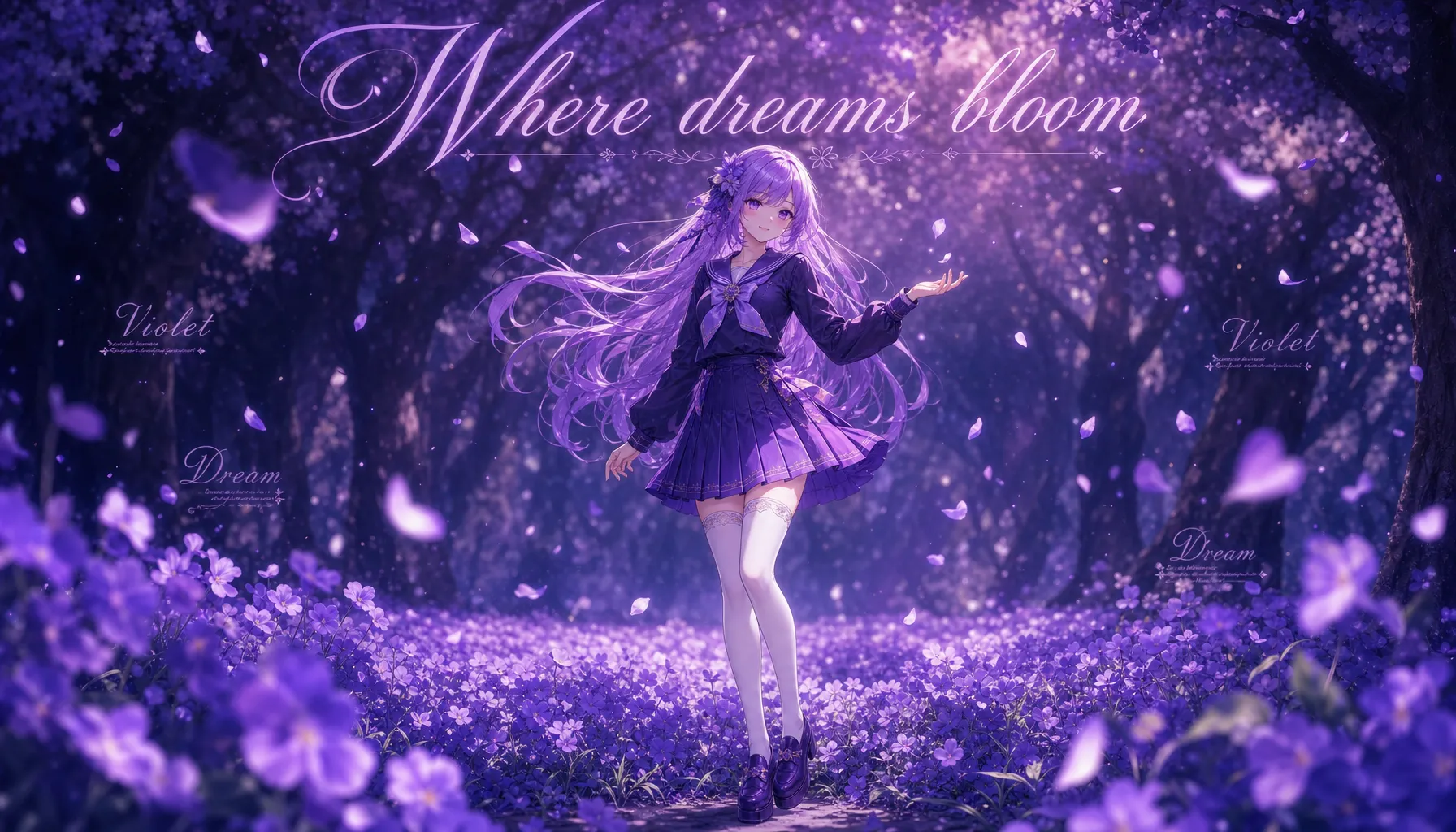 AI生成:紫罗兰花海动漫少女