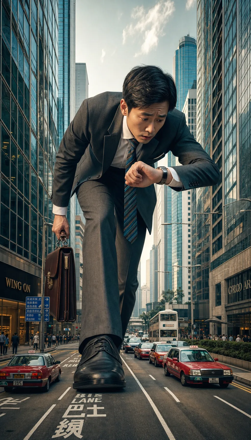 AI生成:巨人上班族穿越香港中环